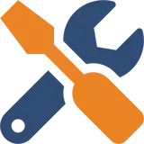 Blauw en oranje pictogram van een moersleutel en een schroevendraaier voor aangepaste webtoepassingen
