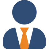 Blauw en oranje pictogram van een gebruiker met een stropdas die onze ervaring uitbeeldt