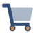 Een blauwe winkelwagen met oranje wielen, ter verbeelding van onze webwinkels